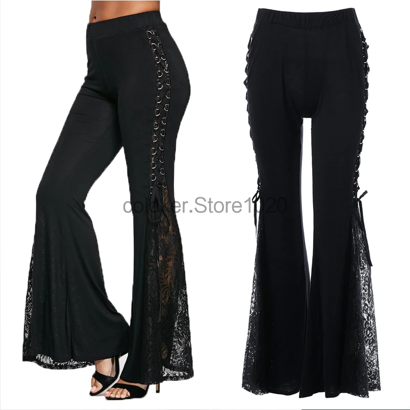 

Женские готические расклешенные брюки, черные облегающие брюки в стиле ретро с высокой талией и кружевом, уличная одежда в стиле панк, Y2k