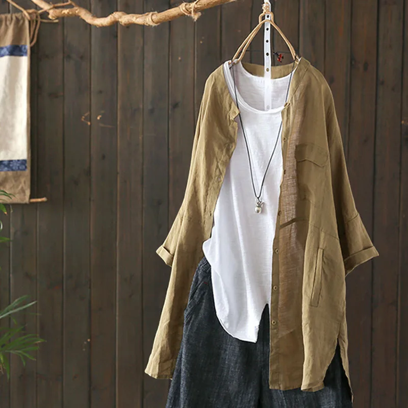 

2023 Spring Summer Plus Big Women Clothing Cotton Linen Women Blouse Female Retro Casual Long Sleeve Women Cardigan Shirt 5XL