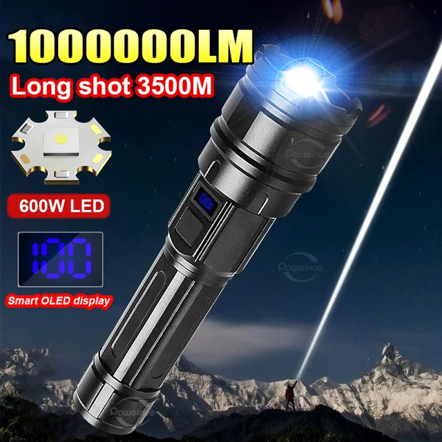 Linterna Led más potente de 1000000 lúmenes, antorcha superbrillante de  600W, linterna táctica recargable, foco de tiro largo, antorcha de 3500M -  AliExpress