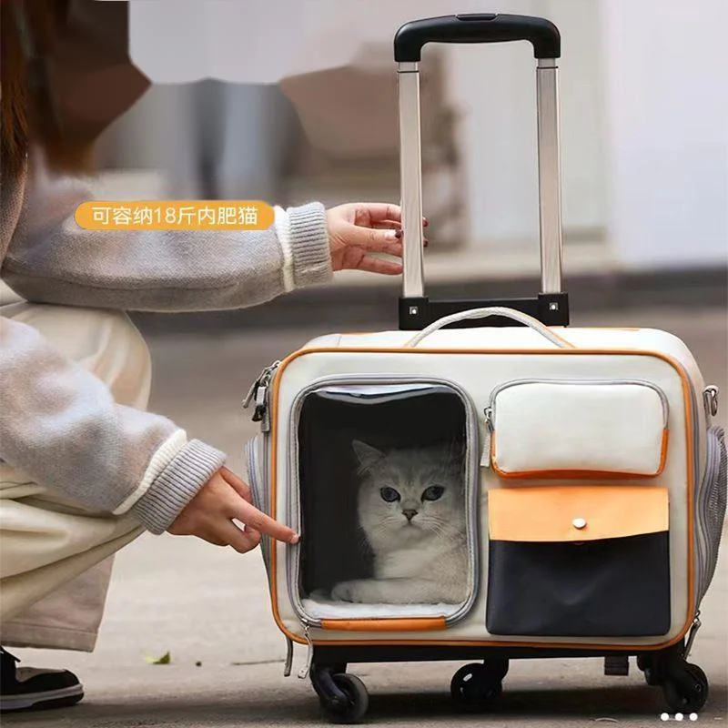 

Pet Cat Carrier Breathable Outgoing Dog Carry Backpack for Travel Trip with Telescopic Handle Wheels and Shoulder Strap