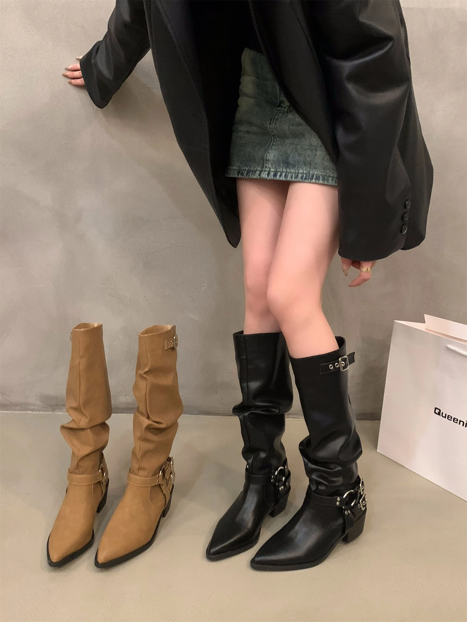 

2023 New High Quality Pleated Boots Women Black Nude Knee High Boots Ladies Flat Autumn Winter Dress Shoes
