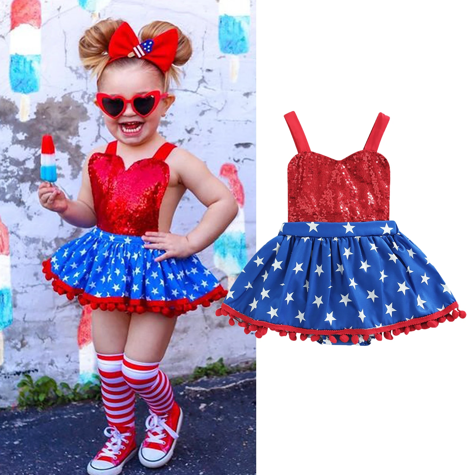 Baby Bodysuits for boy FOCUSNORM Independence Days Summer Baby Girls Cute Romper Dress 0-24M Sleeveless Sequined Star Printed Tutu Jumpsuits Baby Bodysuits medium