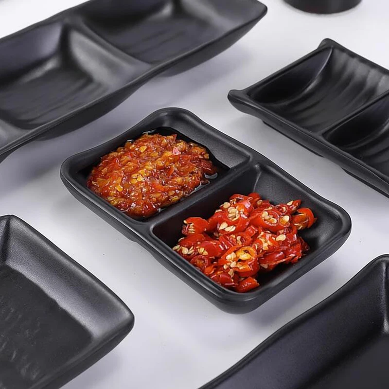 Black Melamine Japanese Style Multi Grid Flavor Plate Barbecue Dipping Plate Black Two/three Grid Soy Sauce Dish Snack Bowl