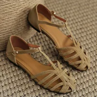 Women's natural suede leather narrow band braided t-strap flats sandals round toe casual female footwear summer shoes for women - Image 5
