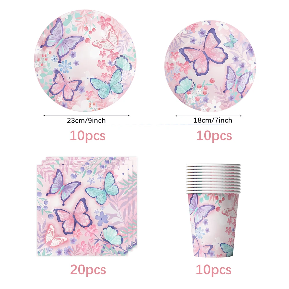 Butterfly Fairy Birthday Party Tableware Set - Pink Disposable Plates Cups Napkins and Tablecloth