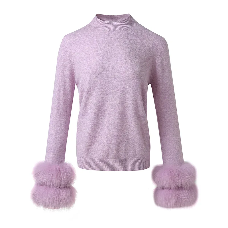 2023 Winter Sweater Fox Fur Cuff Lady Fashion Cardigan 100% wool