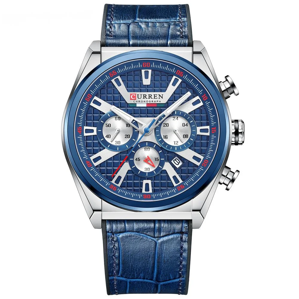 Multi Functional Sports Quartz Watch Men's Luminous Waterproof Chronograph Calendar Casual Sports Leather Wristwatch Strap 8392