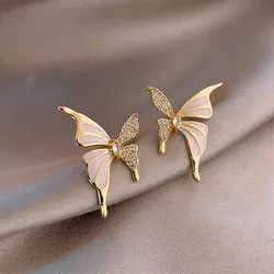 Korean Elegant Butterfly Stud Earrings For Women Light Luxury Shiny Zircon Flower Versatile Earring Party Aesthetics Jewelry