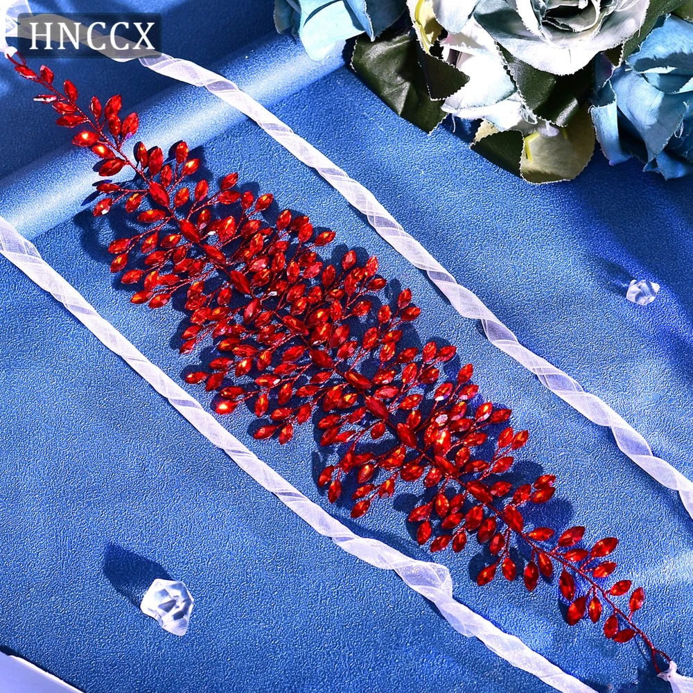 HNCCX 럭셔리 레드 컬러 라인스톤 머리띠 신부 와이드 헤어 밴드 웨딩 헤어 액세서리 여성 파티 이벤트 헤드피스 HP237