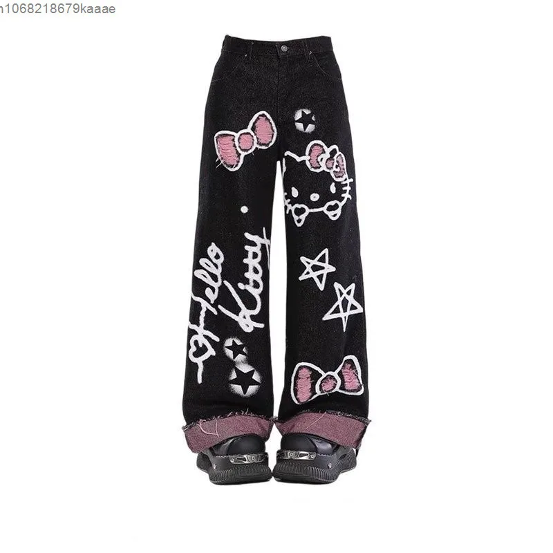 Sanrio Hello Kitty Bow Cartoon Graffiti Printed Fashion Jeans Women's Autumn Winter New Loose Wide Leg Pants Straight Trousers 5