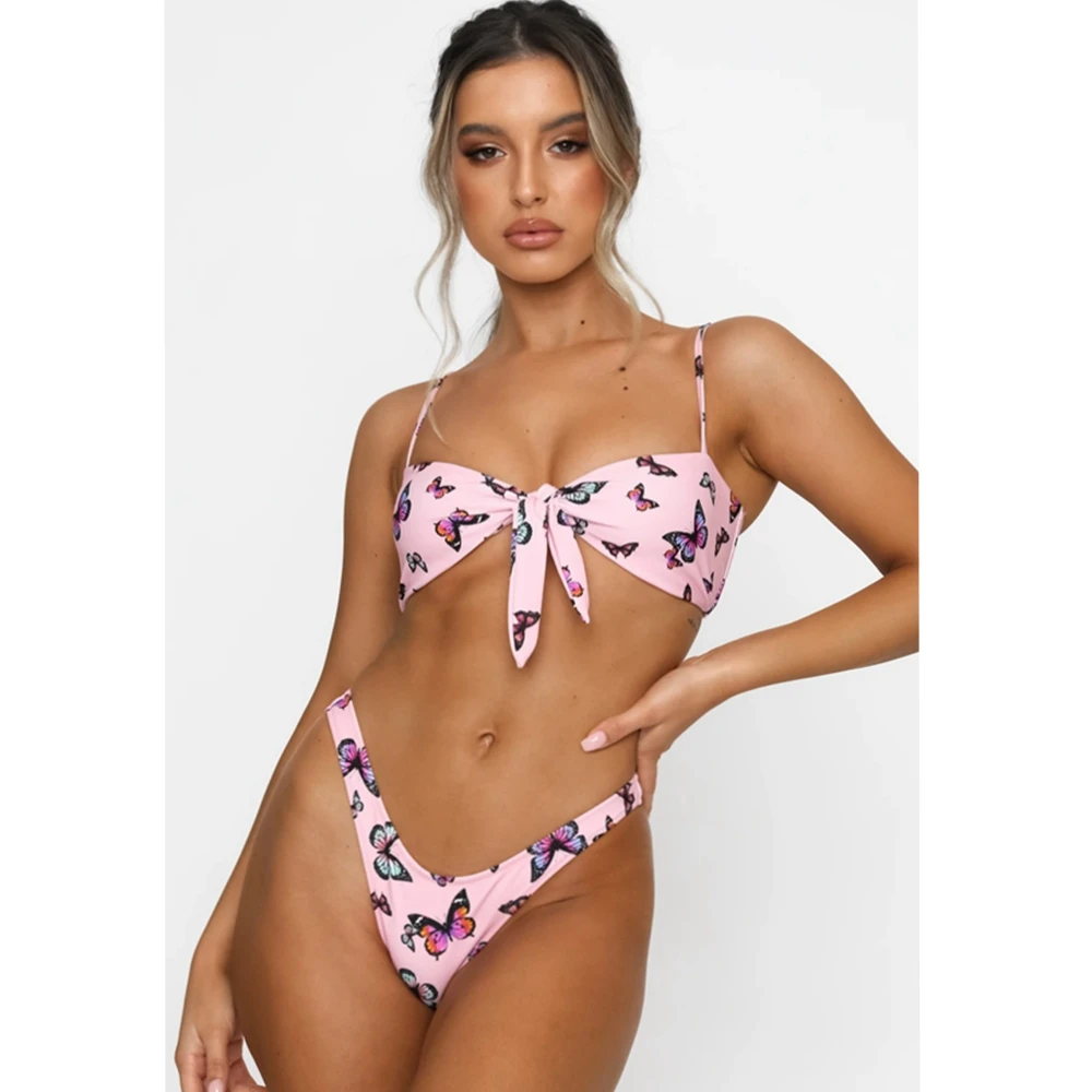 

2023 Summer New Butterfly Print Knot Split Bikini Women's Swimwear Set