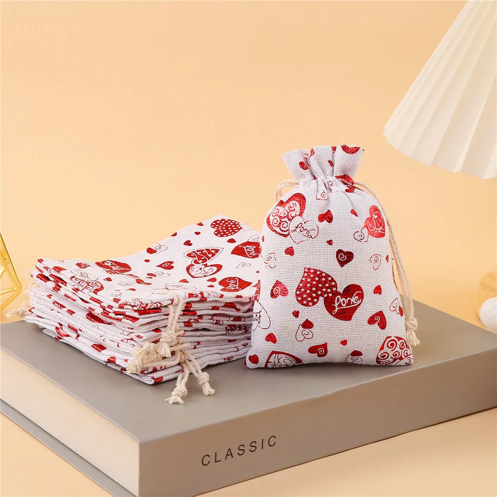 50 Pcs/lot Newest 10*14, 13*18cm Red Heart Cotton Drawstring Bags Valentine's Day Candy Gift Wrapping Bag