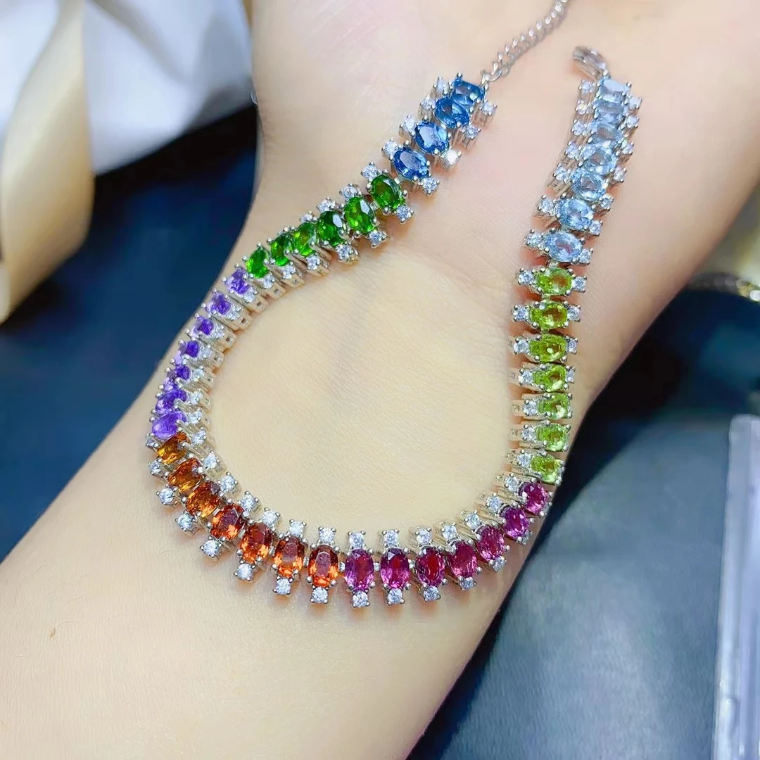 

MeiBaPJ 925 Sterling Silver Natural Colourful Mixed Gemstone Fashion Bracelet for Women Fine Bangle Wedding Jewelry