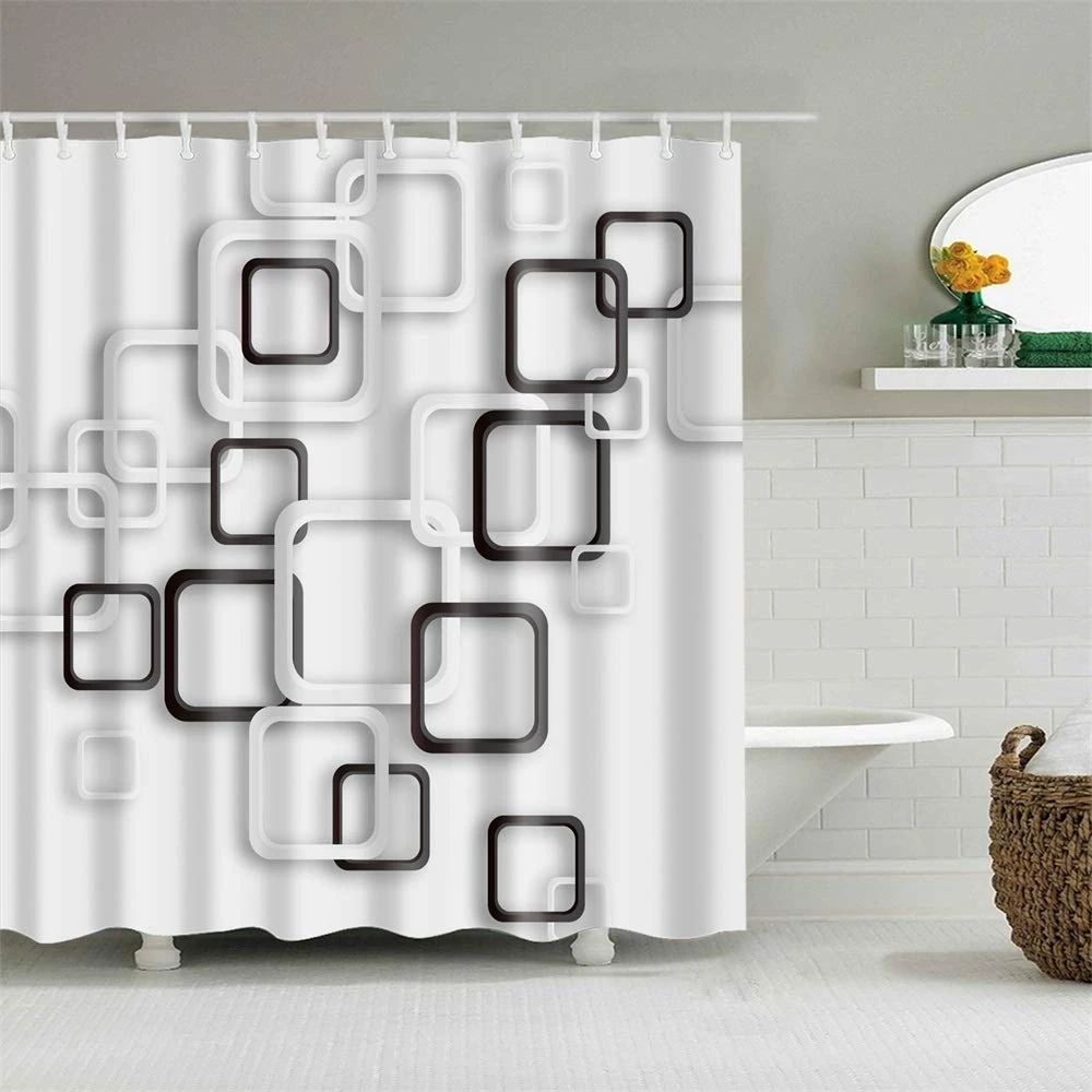 Juego de cortina de ducha con ganchos, decoración de de tela de poliéster impermeable, geométrica, rectangular, 3D, blanco y negro|Cortinas de ducha| - AliExpress