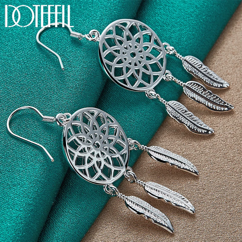 DOTEFFIL 925 Sterling Silver Fine Dream Catcher Feathers Earrings for Woman Fashion Designer Party Wedding Jewelry Gifts