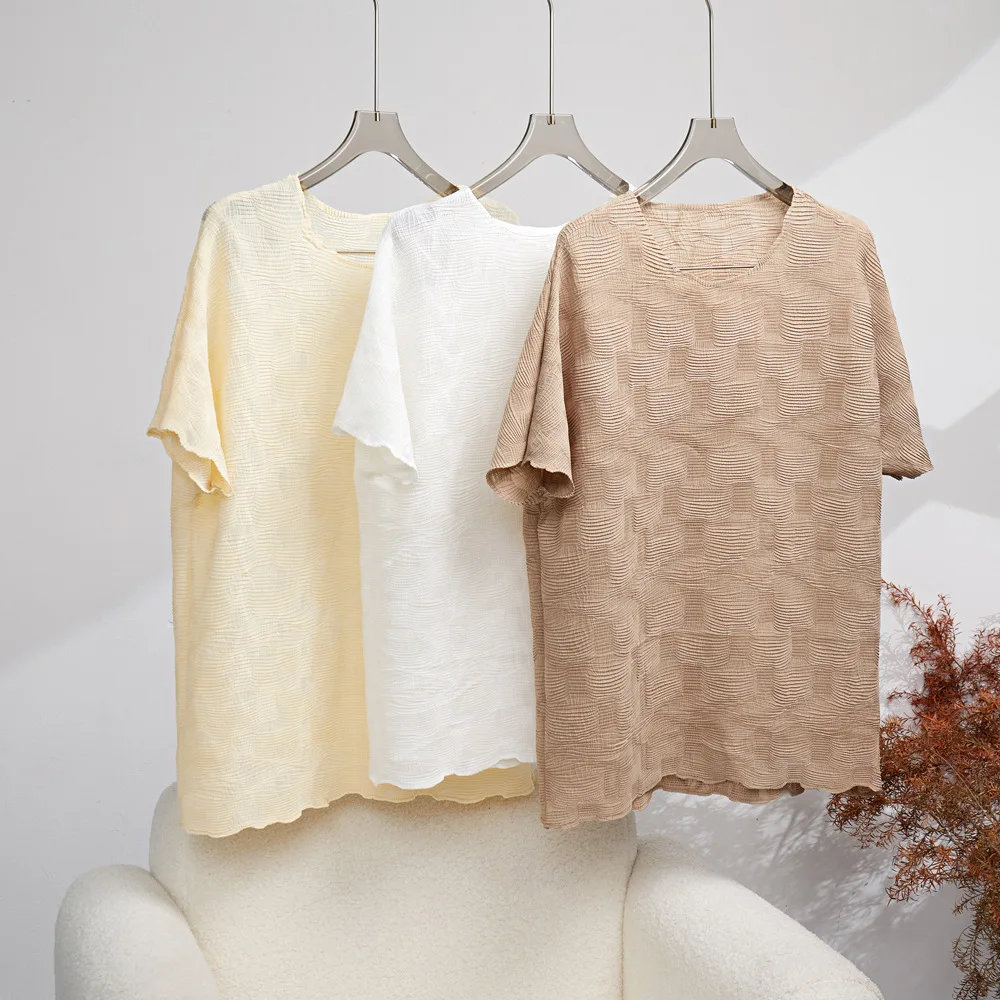 

Women Casual O-neck Short Sleeve Solid T-Shirts Comfortable Oversize Loose Tops Tees Elegant Lady Pleated Tshirts Summer 2023