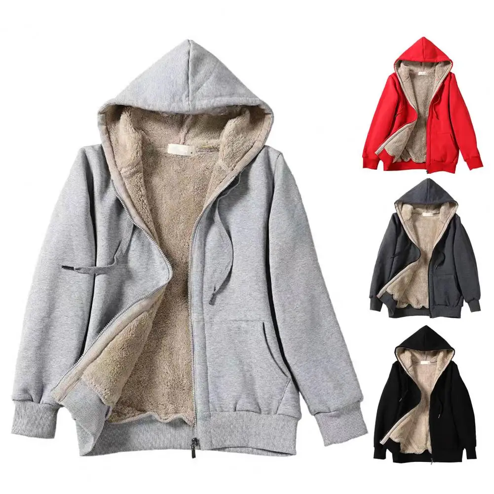 

Spring Autumn Women Hooded Coat Loose Ribbed Cuff Hood Jacket Trendy Plush Lining Zipper Sweatshirt Outwear for Travel