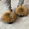 Summer Real Fur Slippers Plush Fluffy Raccoon Fur Slides For Women Flip Flop Flat Furry Outdoor Fashion Sandals Woman Shoes 1