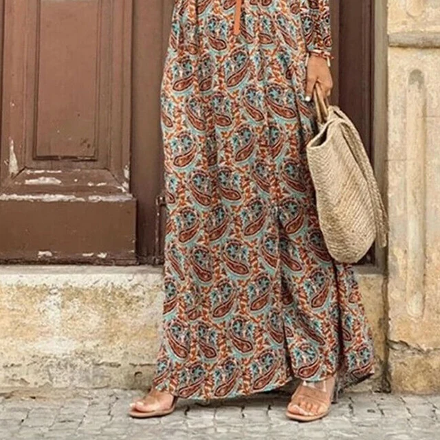 Vestito Estivo Donna Lungo Con Motivo Floreale - Abito Bohemien Spalle Scoperte Per Spiaggia E Feste - Foto 6