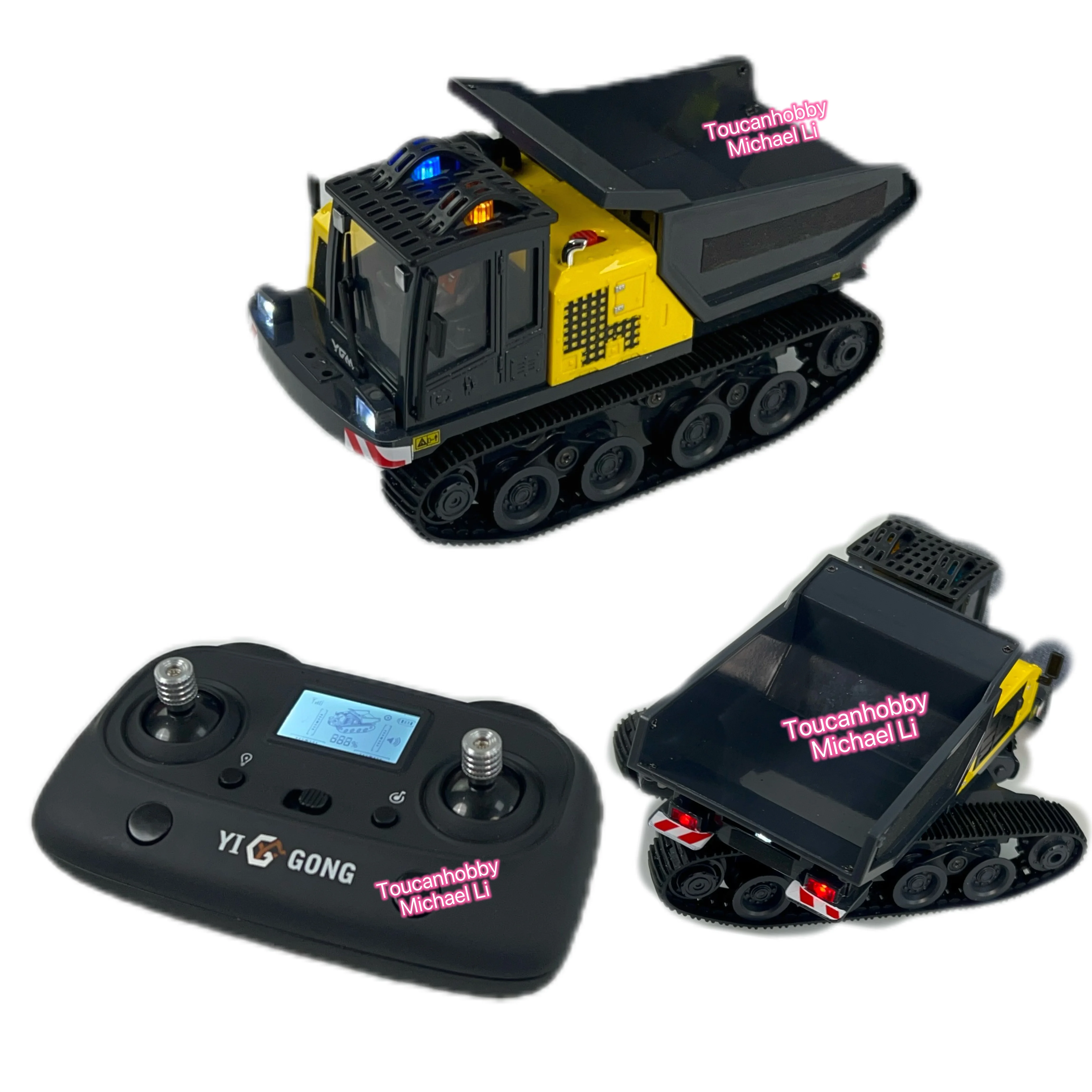 Véhicule de chantier sur chenilles T14R Panther 1/50 avec benne relevée, lumières LED allumées
