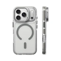 Magnetic Flip Camera Lens Holder Transparent Phone Case - iPhone 16 Pro Max (GRAY)