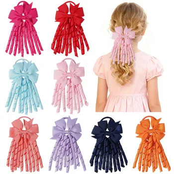Fasce per capelli con nappe a nastro Popolare dolce e carino arcobaleno Nastro riccio Doppio supporto per coda di cavallo Elastici per neonate Accessori per capelli