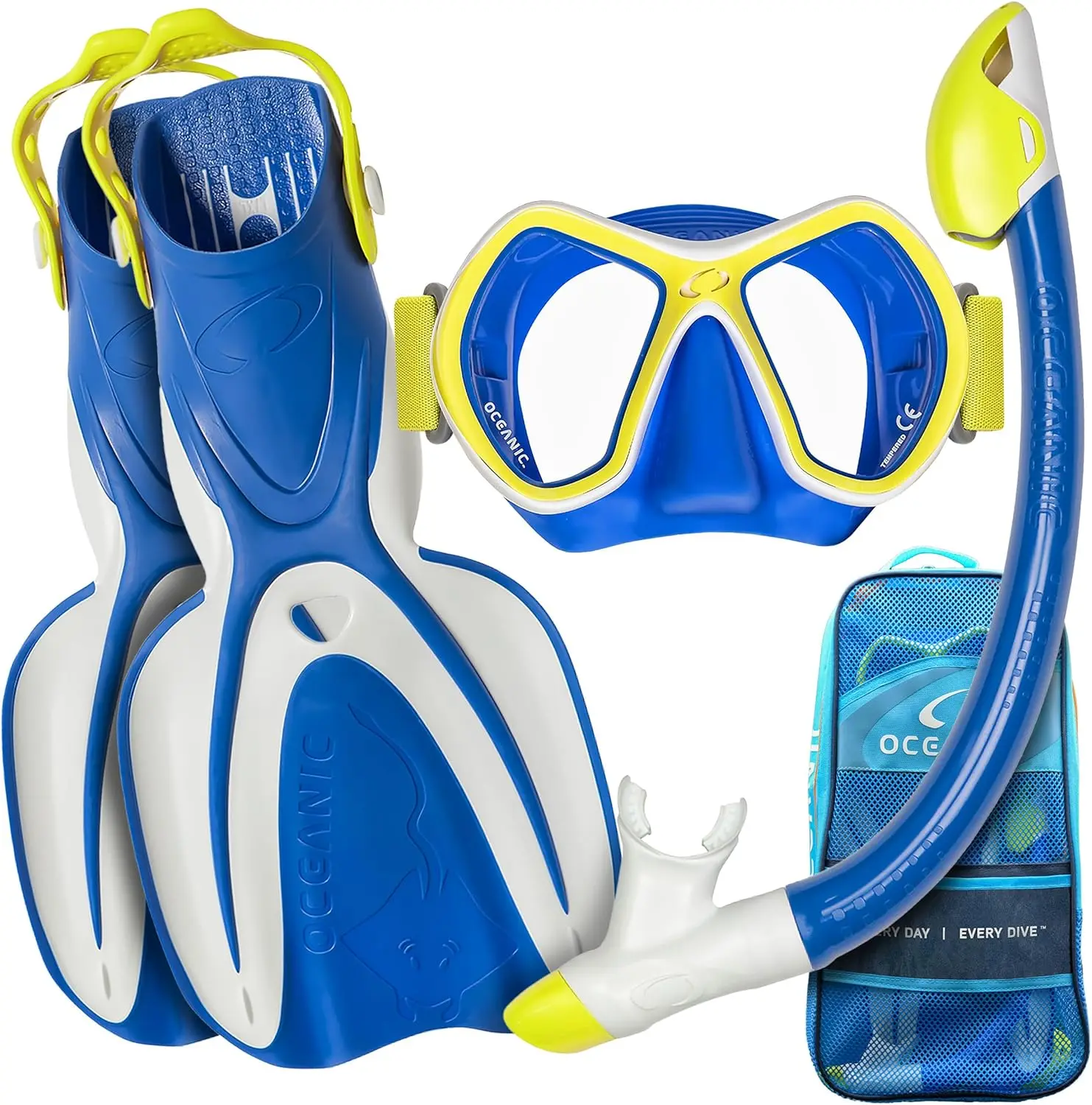 Scuba Diving Snorkel Set - Panoramic Wide View Tempered Glass Mask, Snorkel, Fins & Mesh Carry Bag