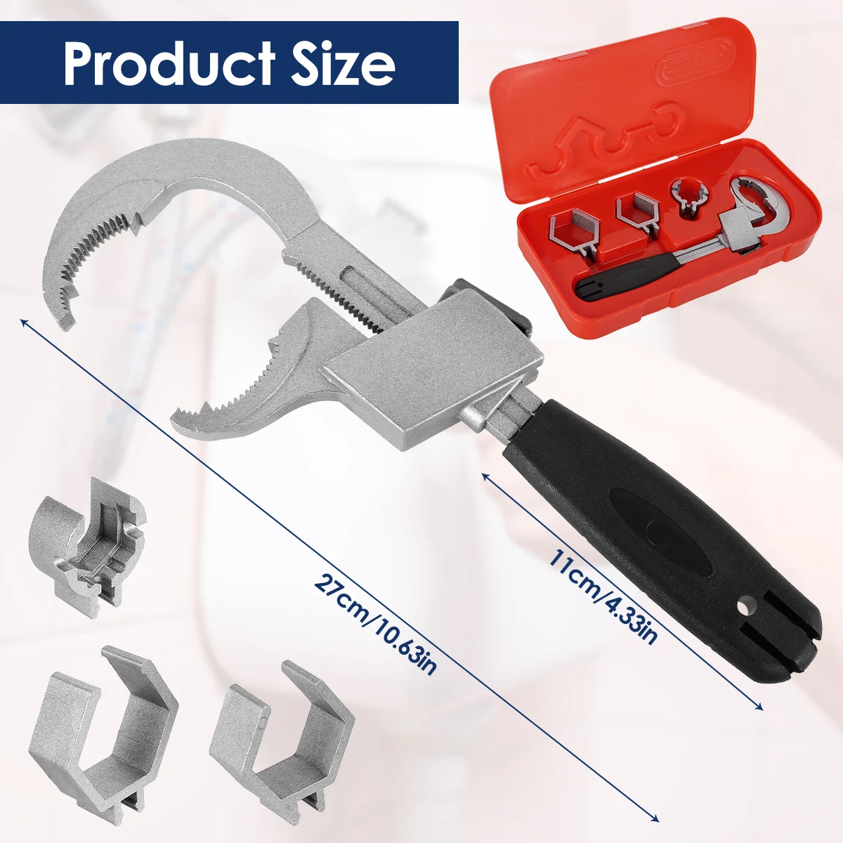 Description Picture 3 of item4-in-1 Universal Adjustable Double-ended Wrench Sink Spanner Set with 3 Card Slots Universal Sewer Water Plumbing Repair Tools