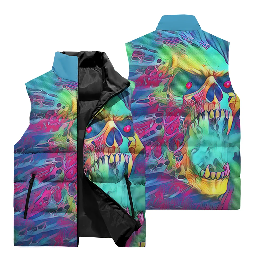 thumbnail image 4 of Chaqueta sin mangas con estampado de calavera 3D para hombre, estilo hip hop callejero, resistente al viento, cálida, con cuello alto y bolsillo con cremallera, 4 of 5