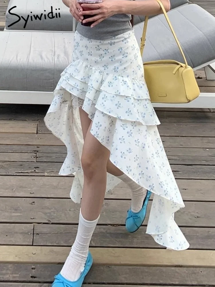 Syiwidii Simple Print Skirts for Women Irregular Ruffles