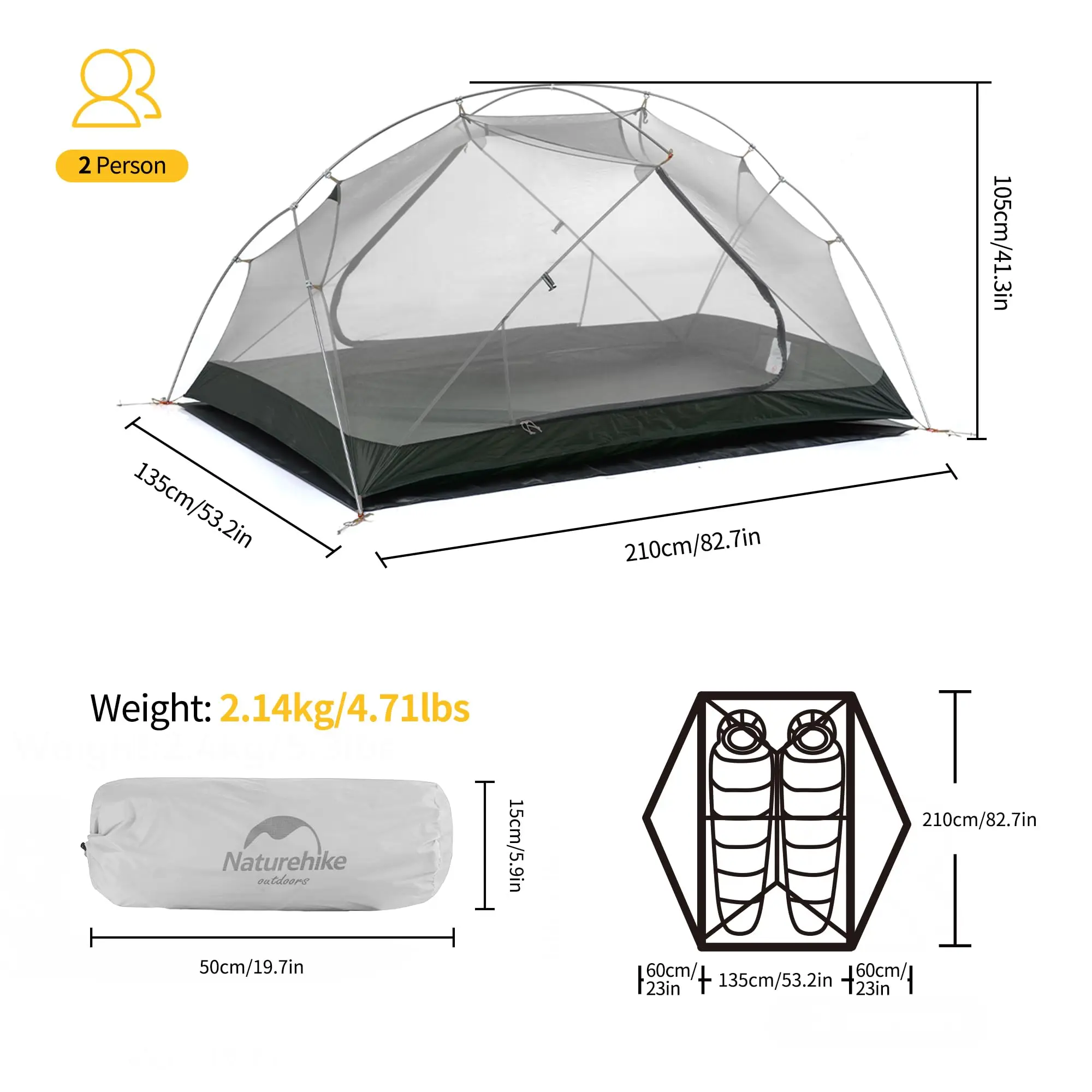 Camping Tent for Naturehike Mongar 2 Ultralight Outdoor 3 Season Waterproof 20D Nylon 2 Person Backpacking