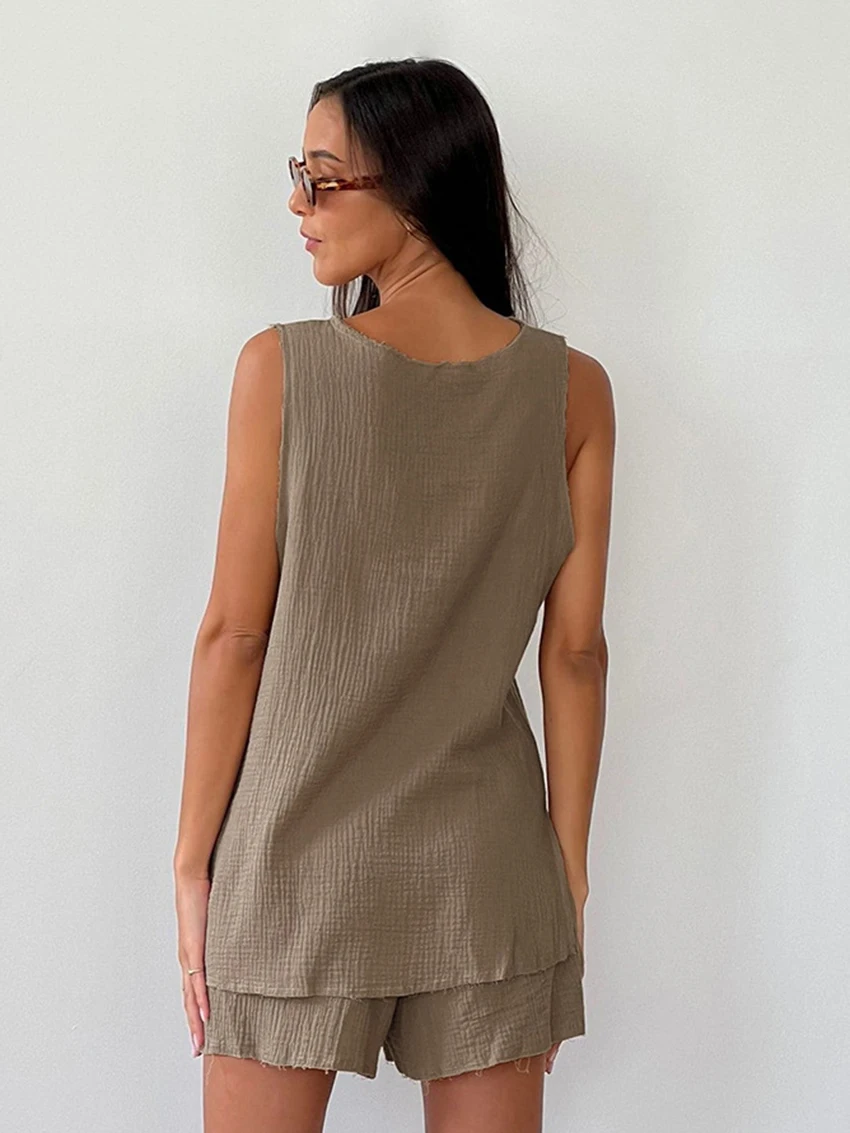 Marthaqiqi Cotton Ladies Pajamas 2 Piece Suit V-Neck Sleepwear Sleeveless Tank Tops Nightgown Shorts Casual Female Nightwear Set