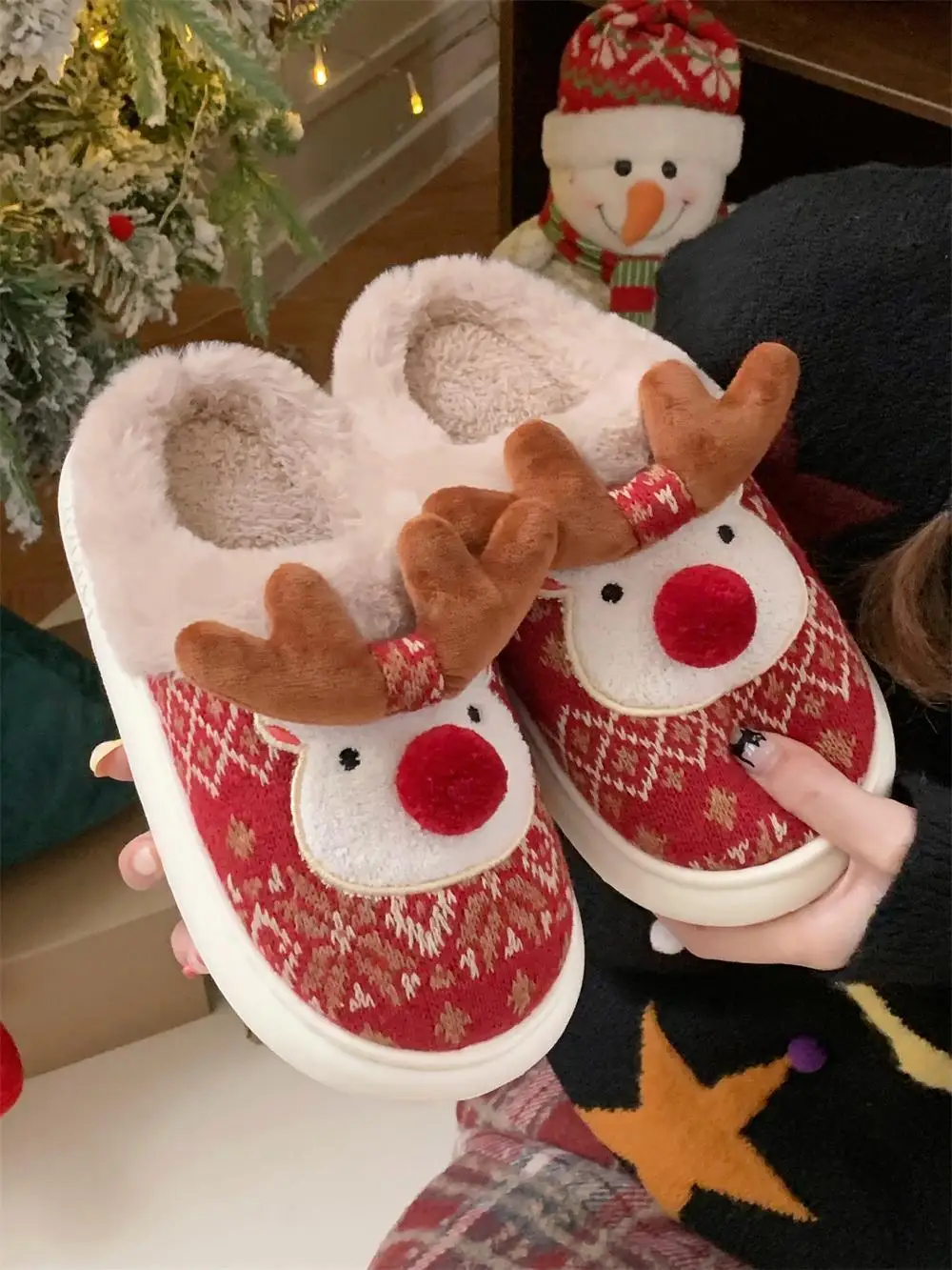 Zapatillas navideñas de algodón para mujer, pantuflas de Casa de