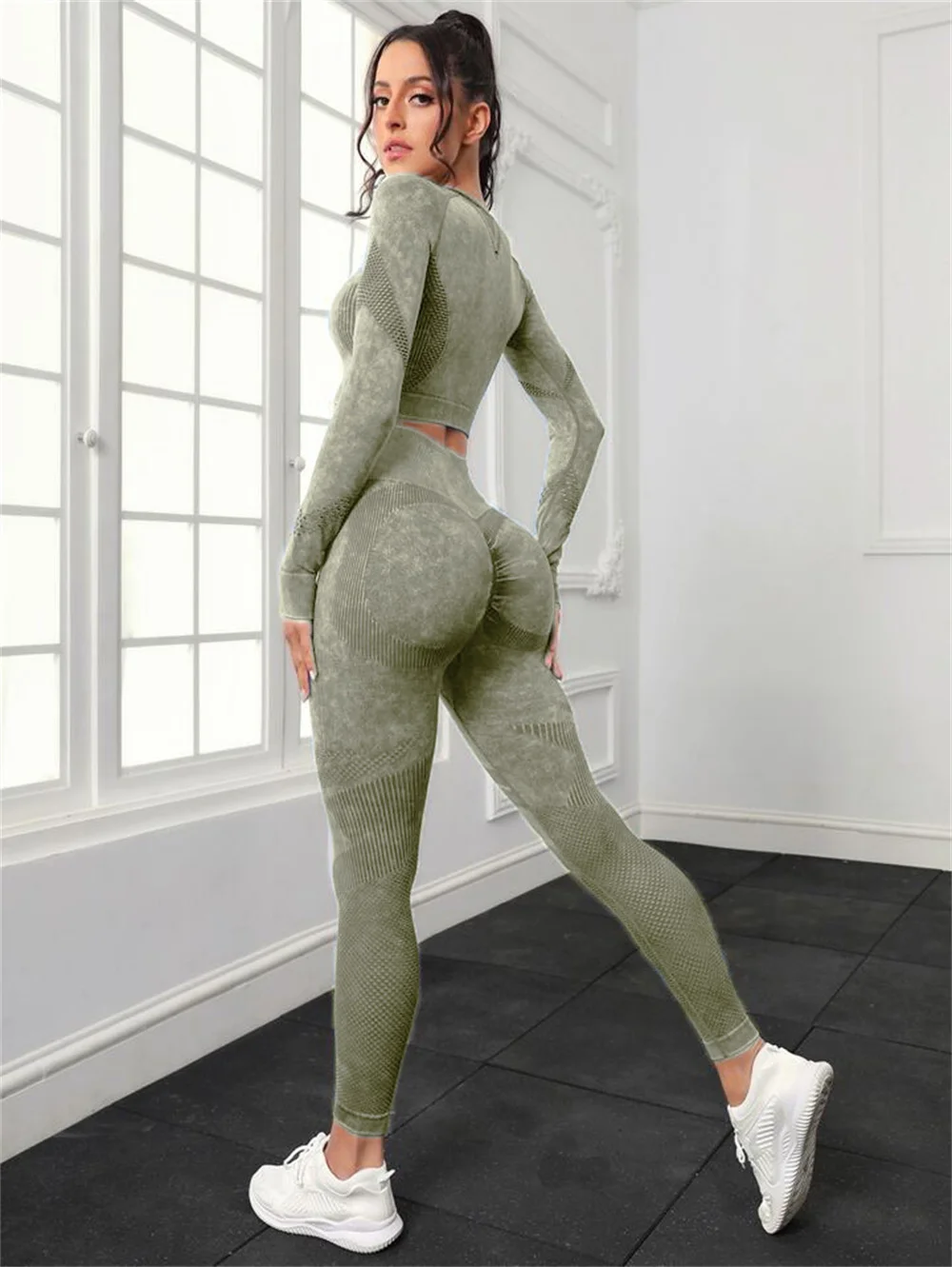 Seamless Washed Yoga Sets Sports Fitness Peach Hip-lifting High Waist Pants Long-sleeved Suit Workout Gym Leggings Set for Women