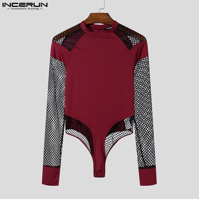 Men's Handsome Casual Long Sleeve Bodysuits Well Fitting Mesh Splicing Jumpsuits Comfortable Homewear Loungewear