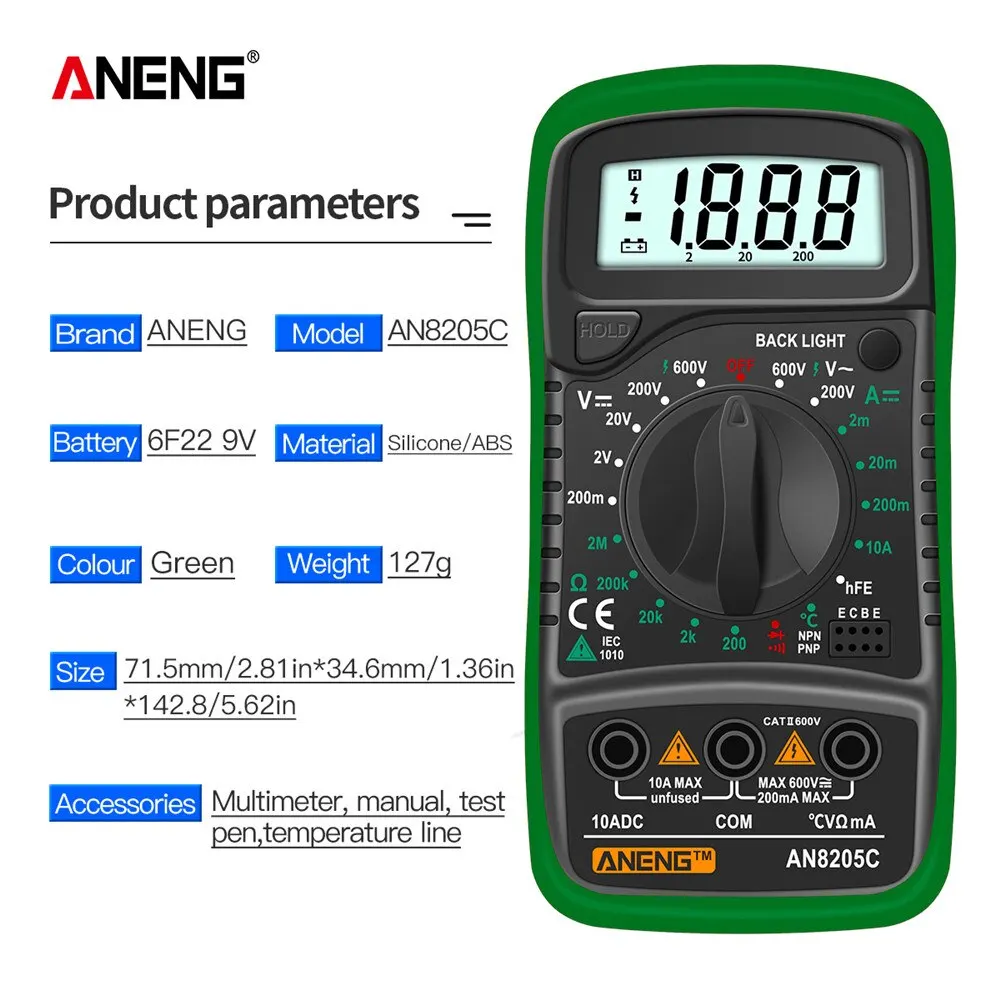 Digital Multimeter ANENG AN8205C Digital Tester AC/DC Ammeter Multimeter Volt Ohm Multimetro Meter With Thermocouple LCD Backlight Portable Tools