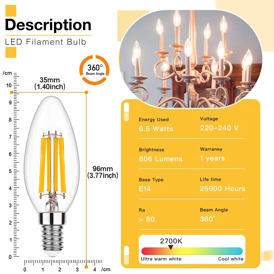 C35 キャンドル Led 電球 6.5 ワット調光可能なフィラメント電球 806lm