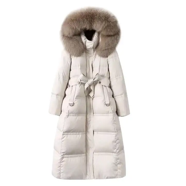 

Winter New Fur Collar Thick Long Coats For Female High Quality Windproof Hooded Puffer Parkas Warm Cozy Snow Wear Belt Overcoats