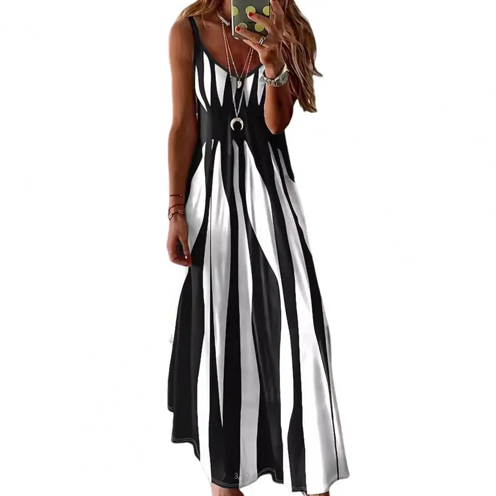 

Women Strappy Dress Bohemian Style Dress with Retro Contrast Color Print V Neckline Summer A-line Ankle roupas feminina