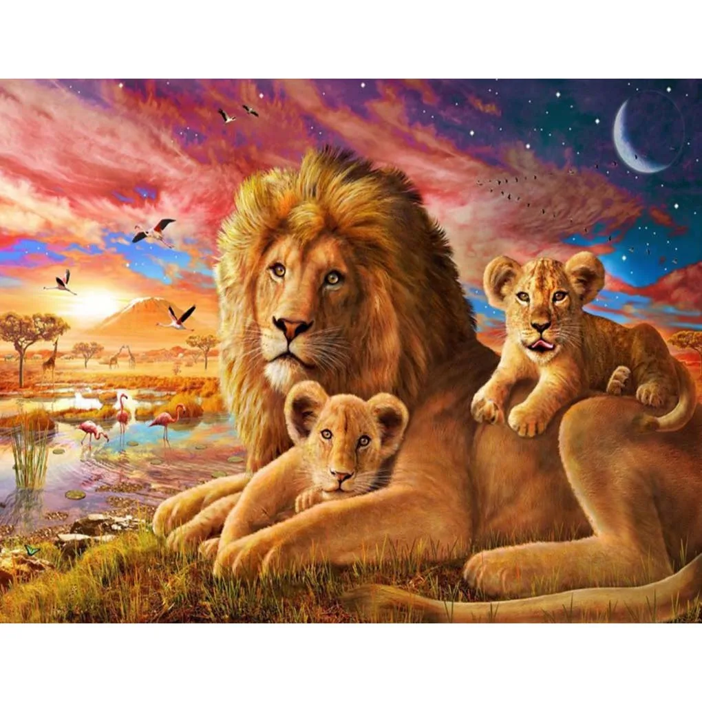 Lion Family 5D Rhinestone DIY Diamond Painting Cross-stitch School Wall Decor Embroidery Picture Needlework Stitchwork Drawing