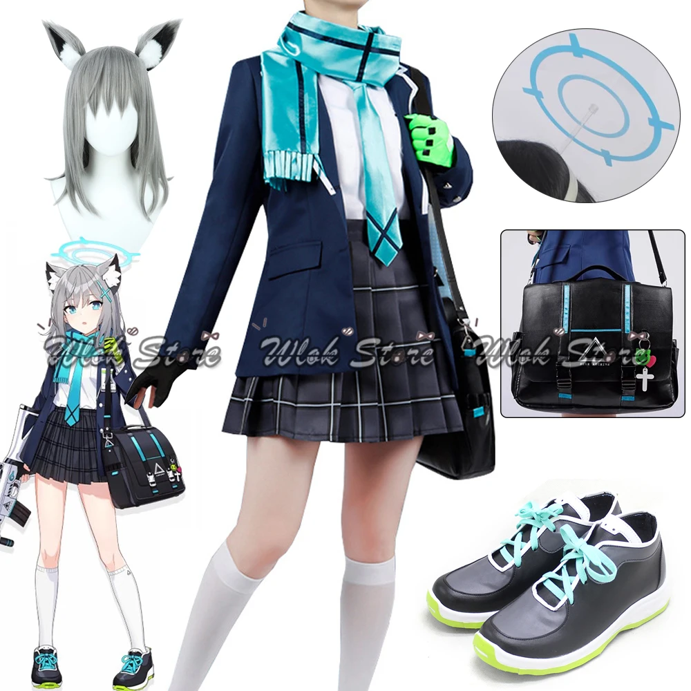 

Blue Archive Sunaokami Shiroko Cosplay Costume School Uniforms Backpack Scarf Gloves Halloween Carnival Outfits Wig Ears Shoes