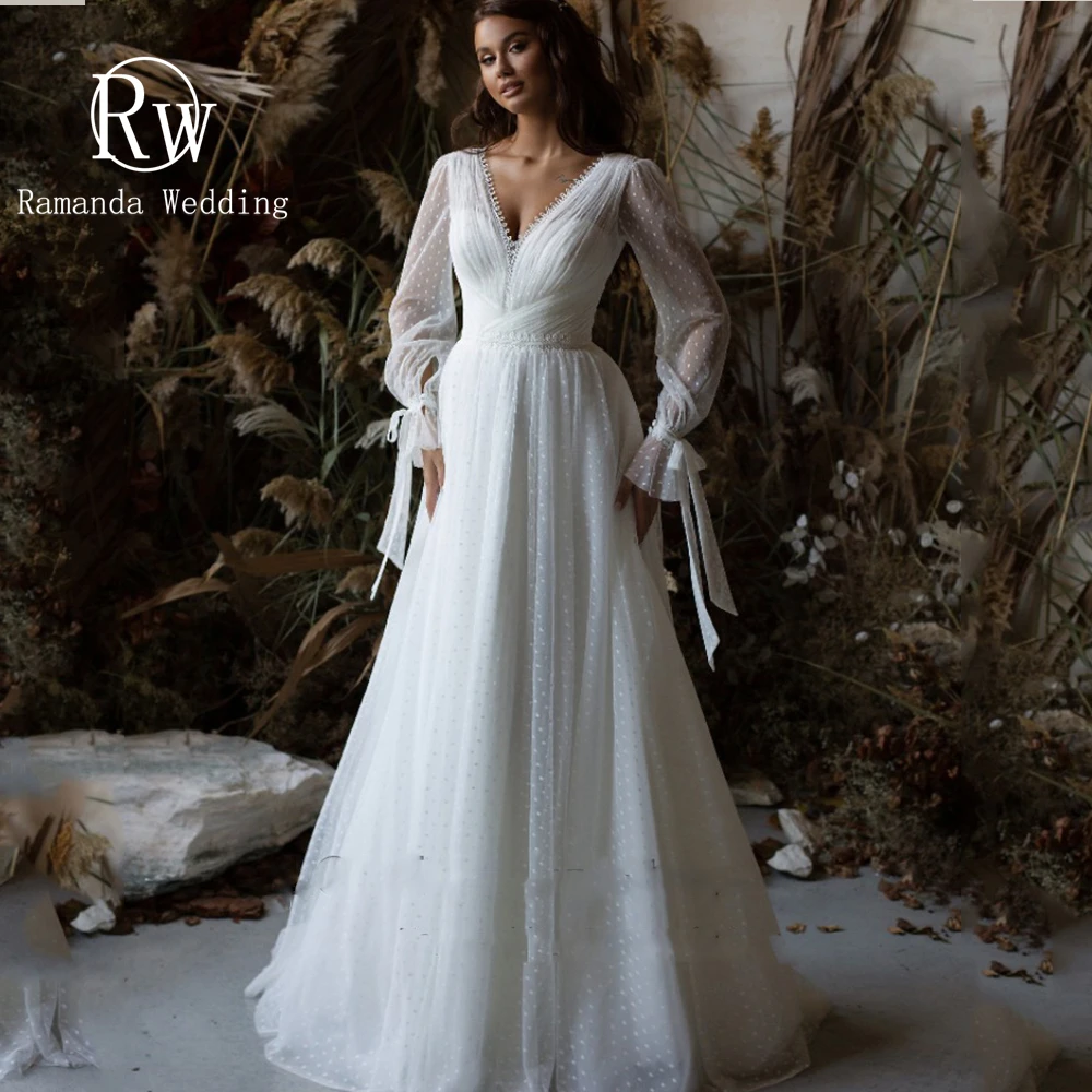 

Ramanda Boho Wedding Dresses 2023 V-Neck Long Sleeves Modern Polka Dot Tulle Robe De Mariee Bohemian Gown Backless Bridal Dress
