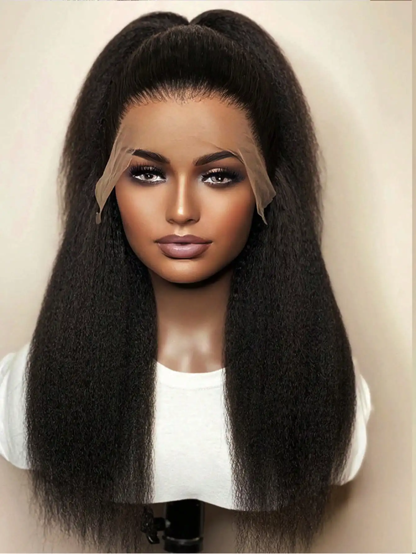 Soft Natural Yaki 26Inch 180Density Long Black Kinky Straight Preplucked Glueless Synthetic Lace Front Wig Baby Hair Middle Part