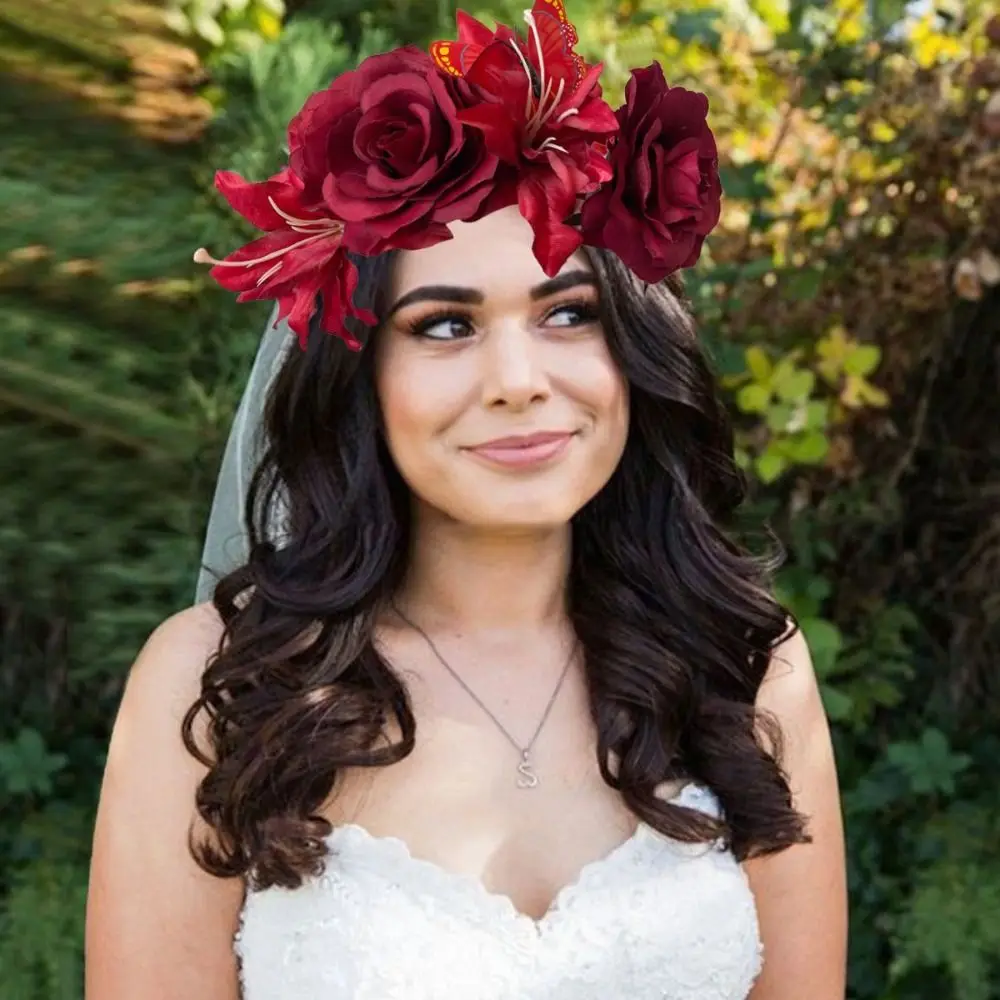 Künstliches Rosen-Haarband mit Schmetterlingsdesign, künstliche Blumen, Hochzeits-Kopfschmuck, Blumen-Stirnband, handgefertigt, leicht – Detail 11