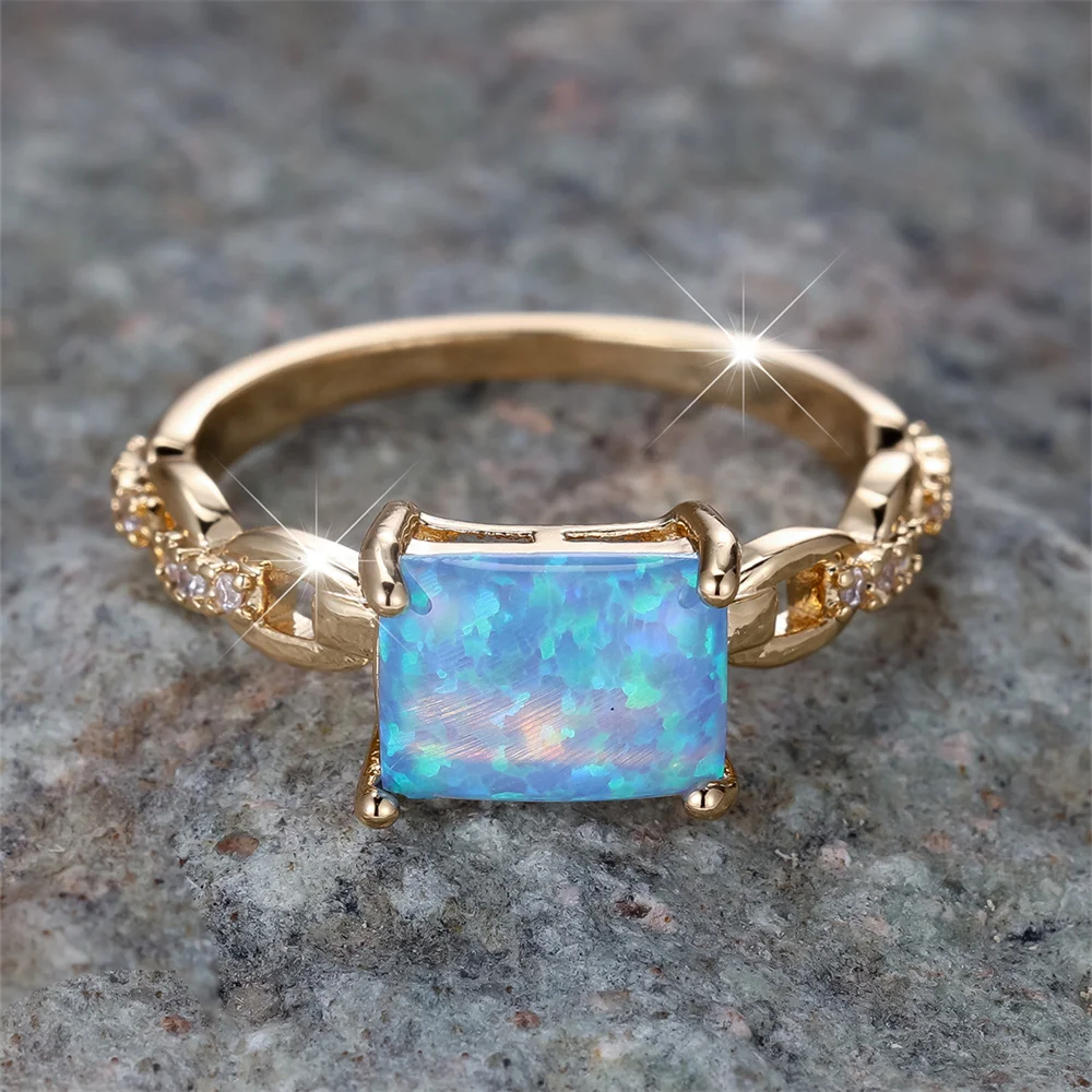 Square Stone Blue Fire Opal Engagement Rings For Women Vintage Gold Color White Zircon Wedding Band Birthstone Jewelry Gift