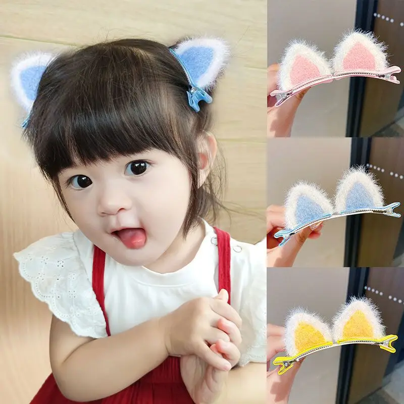 

1 Pair Children's Cartoon Three-dimensional Cat Ears Hair Clip Little Girl Plush Edge Clip Duckbill Top Clip Kids Gift