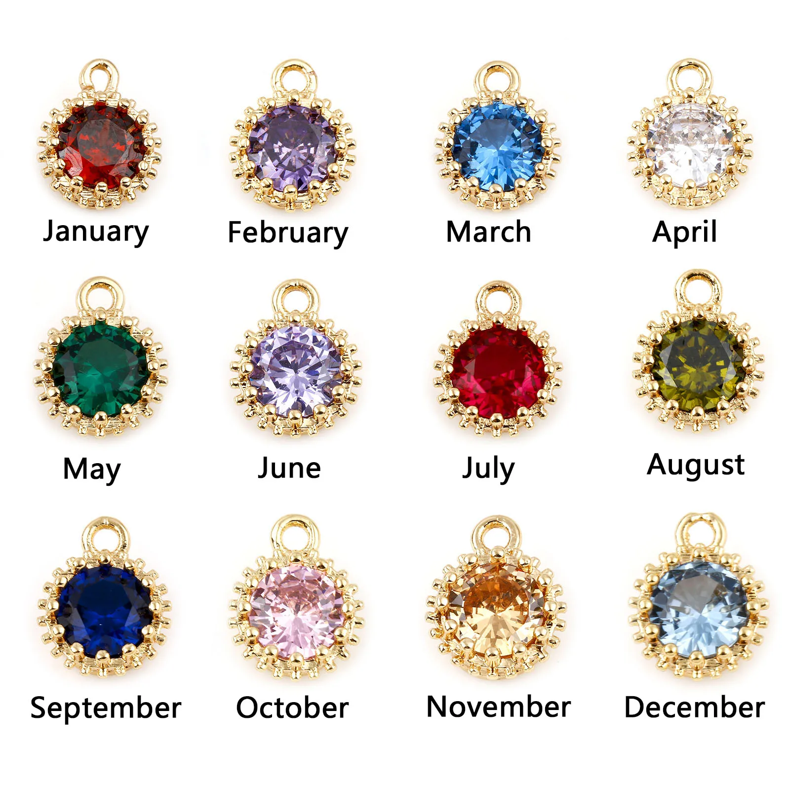 2 Stück Kupfer-Geburtsstein-Charms, rund, mehrfarbig, Zirkonia, goldfarben, Metallanhänger, DIY-Herstellung von Ohrringen, Schmuck, 9 mm x 7 mm