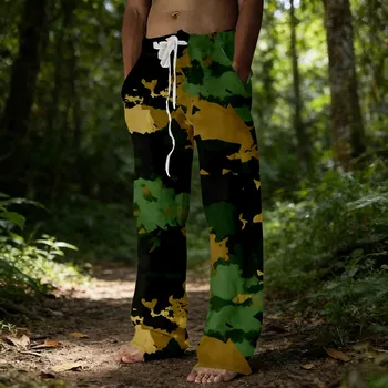 Pantaloni da uomo in crêpe a bolle mimetiche Verde Nero Giallo Pantaloni casual a gamba larga con motivo mimetico digitale con coulisse Stile punk