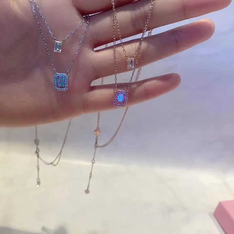 Swarv Original Luxury Beating Heart Chain Necklace 18K Gold 925 Silver CZ Diamond Heart Choker Neck Chain Zircon Blue Necklace