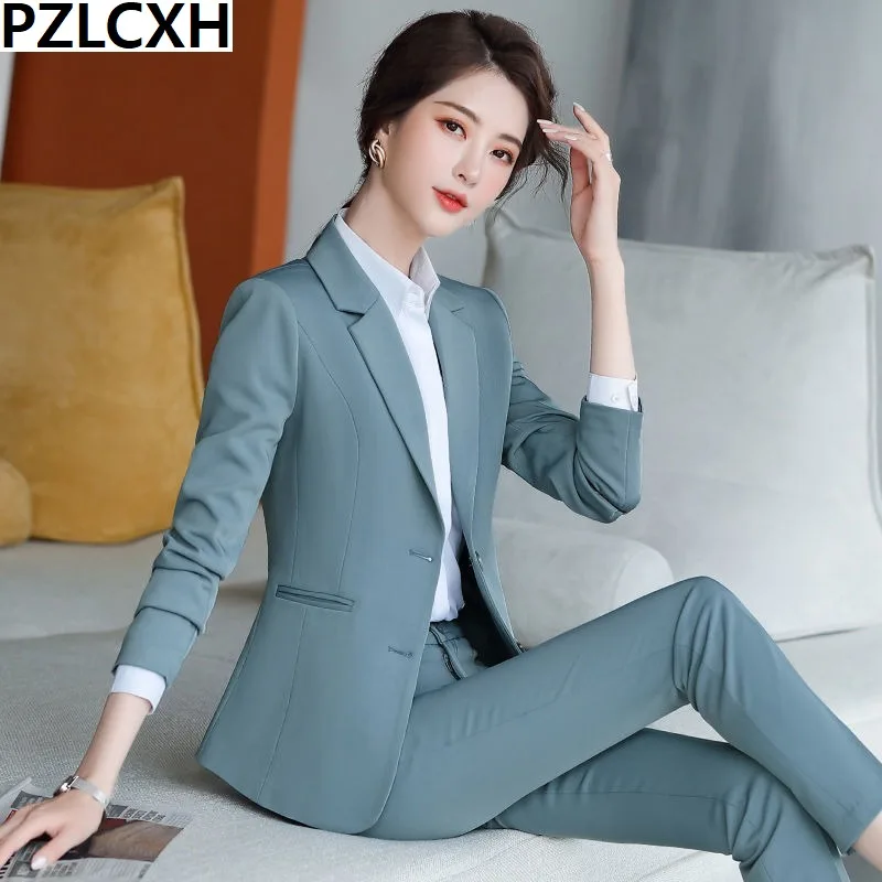 2024 Business Pants Suit Women New Fashion Temperament Long Sleeve Slim Blazer Trousers Office Lady Formal Interview Work Wear grey stripe blazer single button long sleeve office lady slim work suits women plus size formal blazers interview business suits